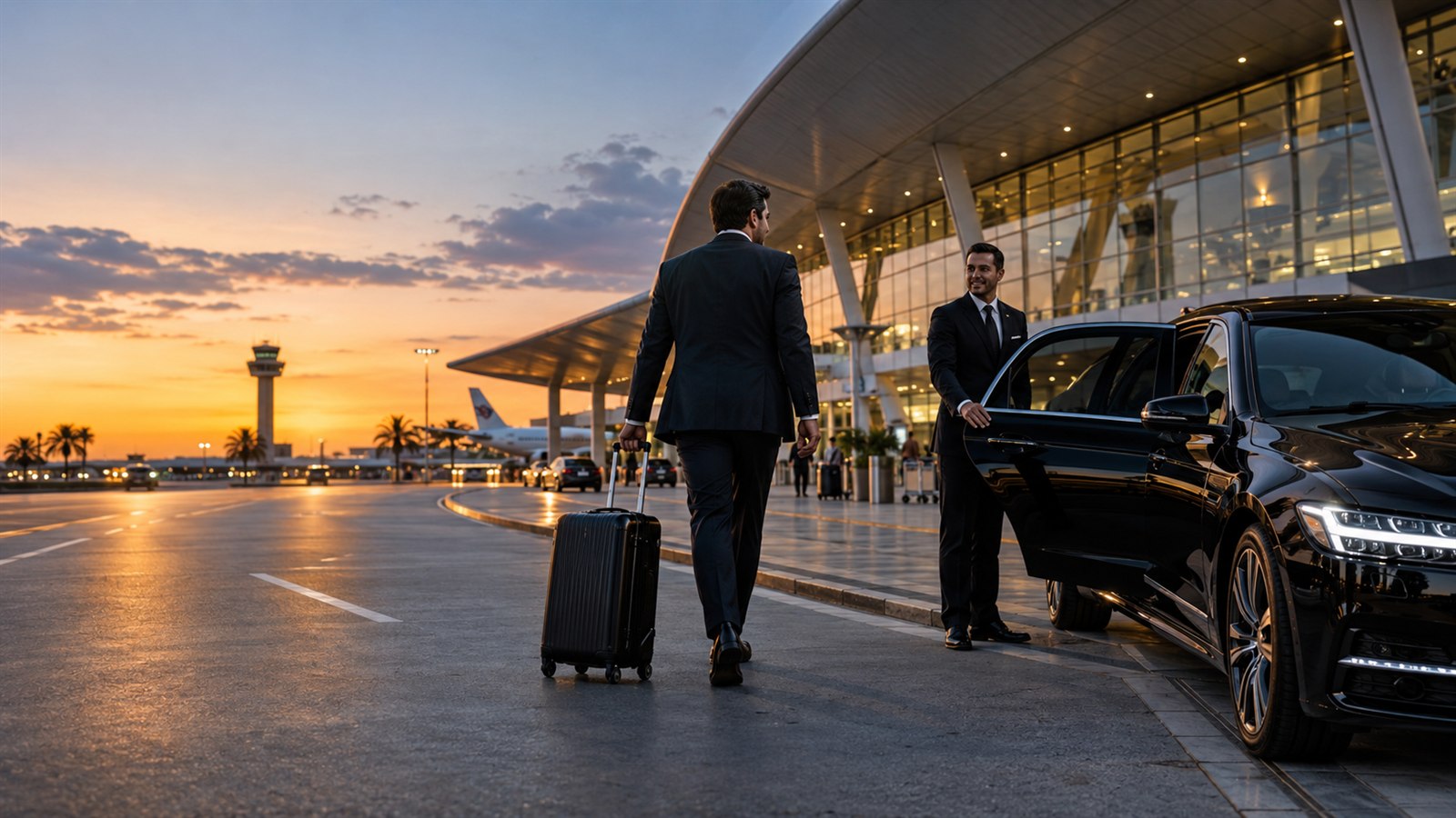 Executivo de costas caminhando com mala em direção a um sedan preto, onde o motorista segura a porta aberta, em frente ao terminal do Aeroporto de Fortaleza ao pôr do sol