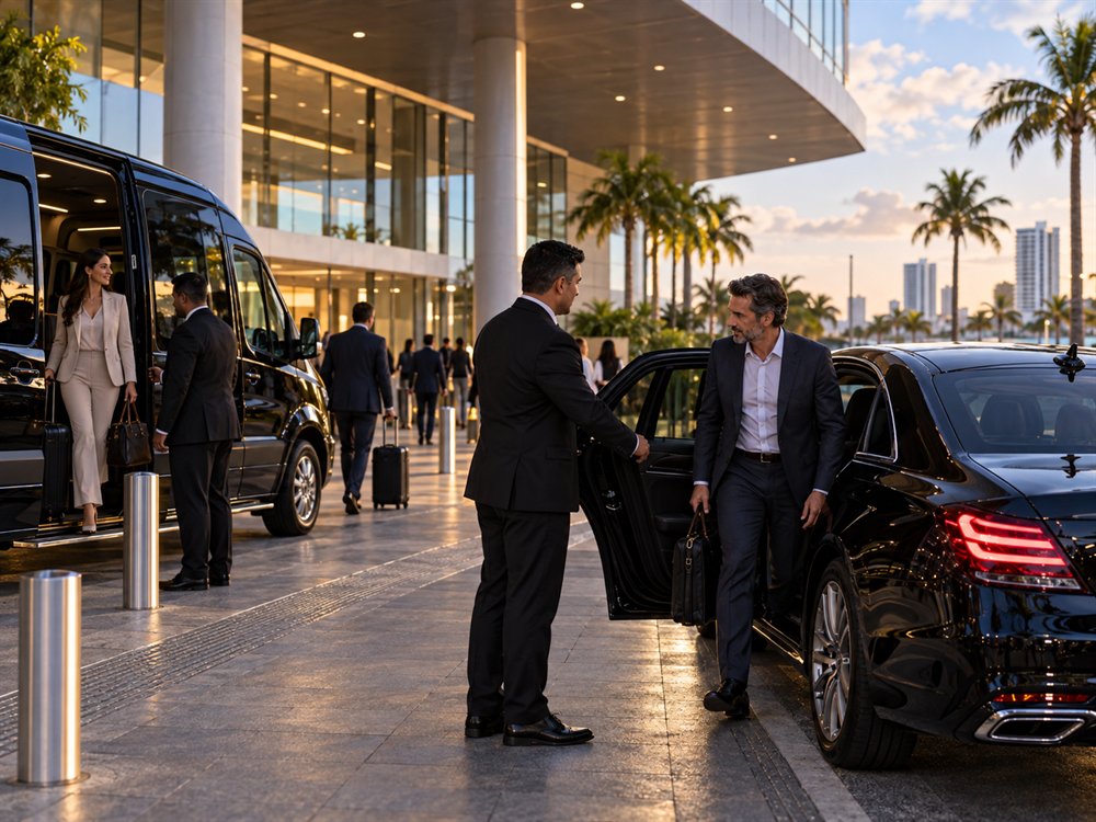 Van executiva e sedan preto enfileirados na entrada de um centro de eventos, com a equipe recebendo os convidados
