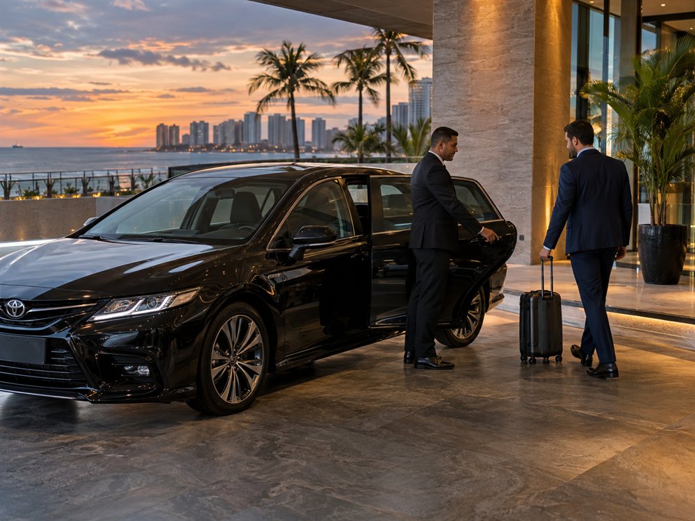 Motorista executivo com a porta aberta aguardando o passageiro, que se aproxima com mala de bordo, ao fim da tarde