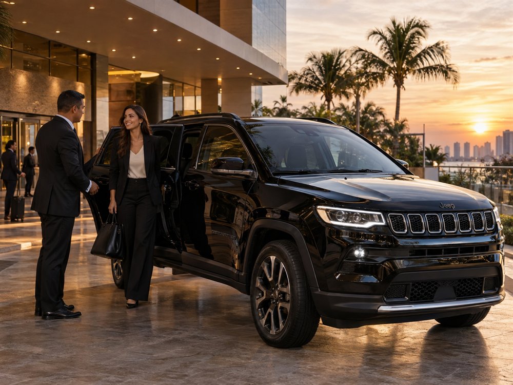 Motorista executivo recebendo uma passageira ao lado de um SUV preto na entrada de um hotel à beira-mar, ao pôr do sol