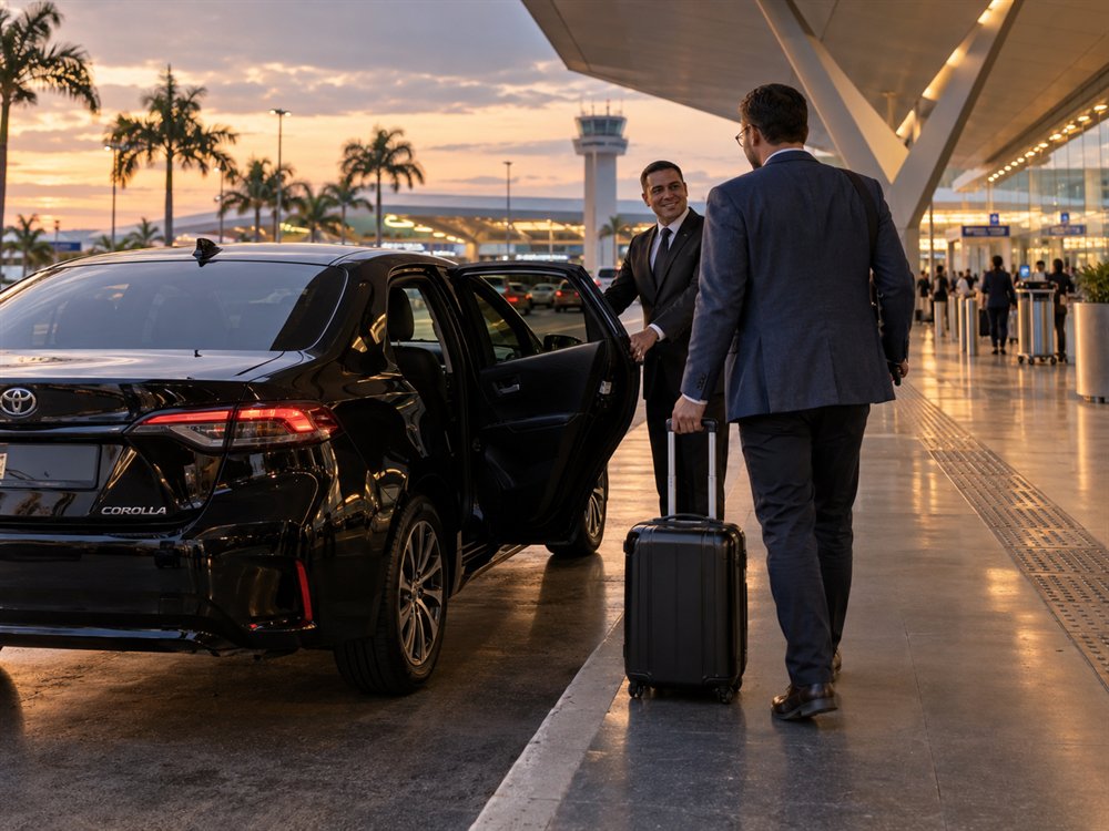Motorista executivo recebendo o passageiro com a porta traseira aberta, junto ao meio-fio do Aeroporto de Fortaleza