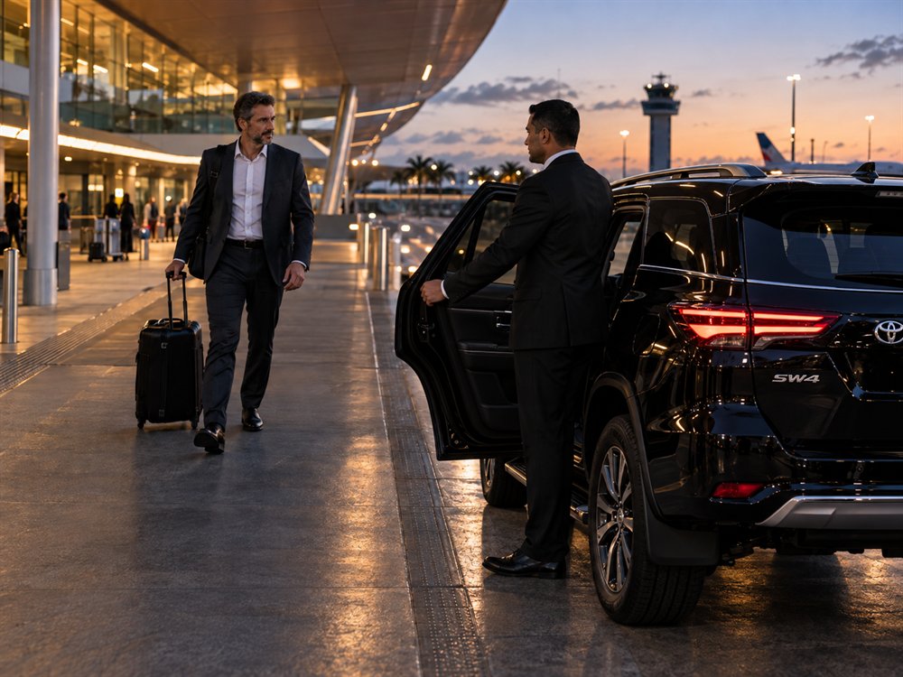 Motorista executivo abrindo a porta de uma SW4 preta para um passageiro no aeroporto, ao anoitecer