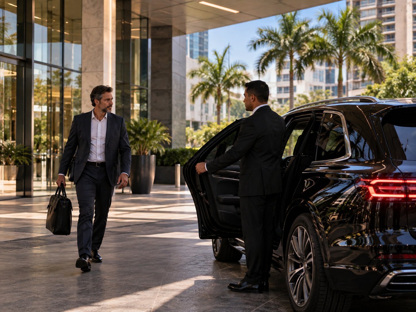 Motorista executivo abrindo a porta traseira de um SUV preto para um executivo, na entrada de um edifício corporativo