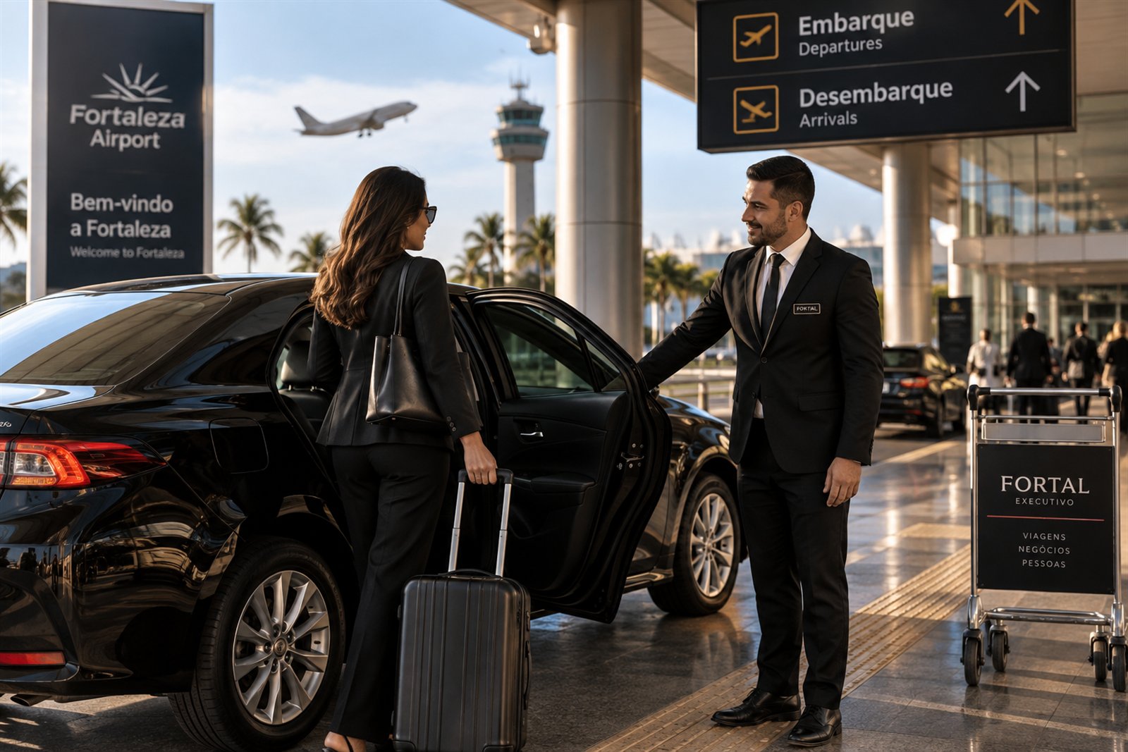 Motorista executivo abrindo a porta de um sedan preto para uma passageira com mala, no desembarque do Aeroporto de Fortaleza