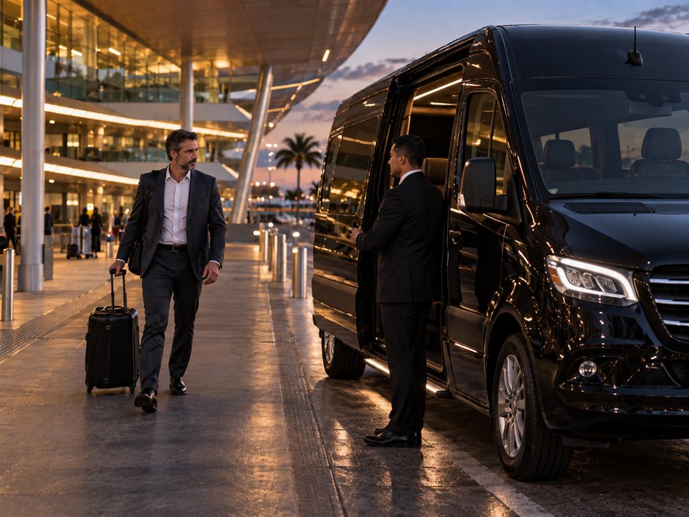Motorista executivo abrindo a porta lateral de uma van Sprinter preta enquanto o passageiro se aproxima com mala, no aeroporto